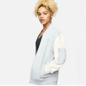 BNWT Outdoor Voices Light Blue and Cream Bomber Jacket small hole in back